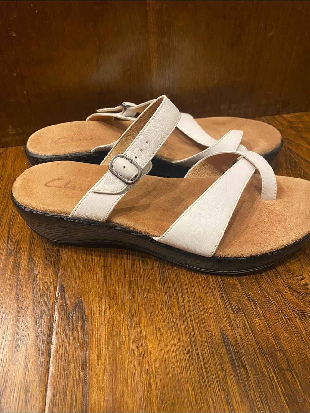 Clarks Women's Cream Leather Wedge Sandals with Buckle